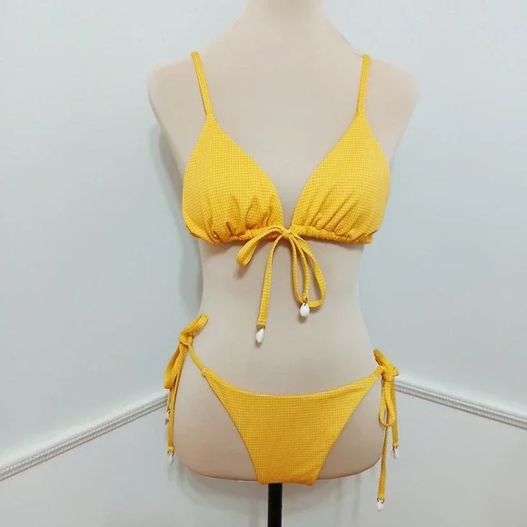 Yellow Gingham Triangle Bikini Set Cowrie Shell Ties Womens Size Medium New - Picture 2 of 7